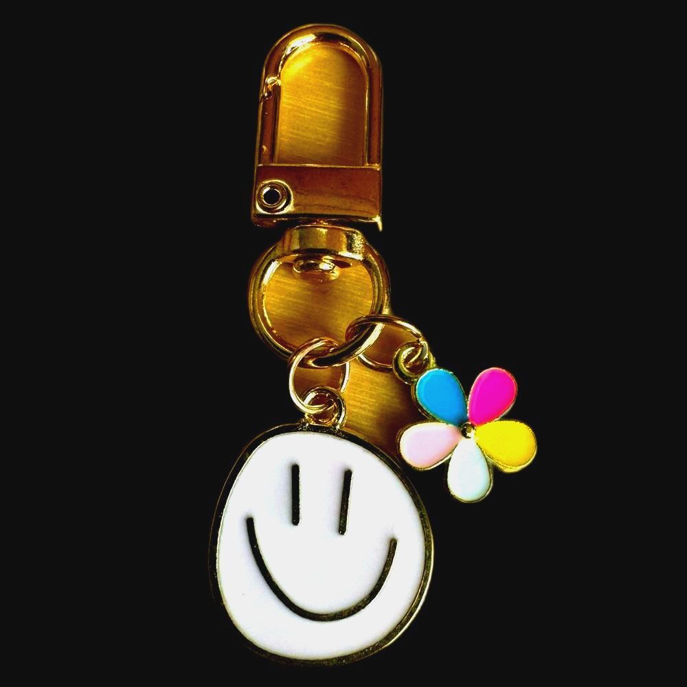 BAG CHARM Smiley Face Pink and Rainbow Flower Keychain Zipper Pull NIP
